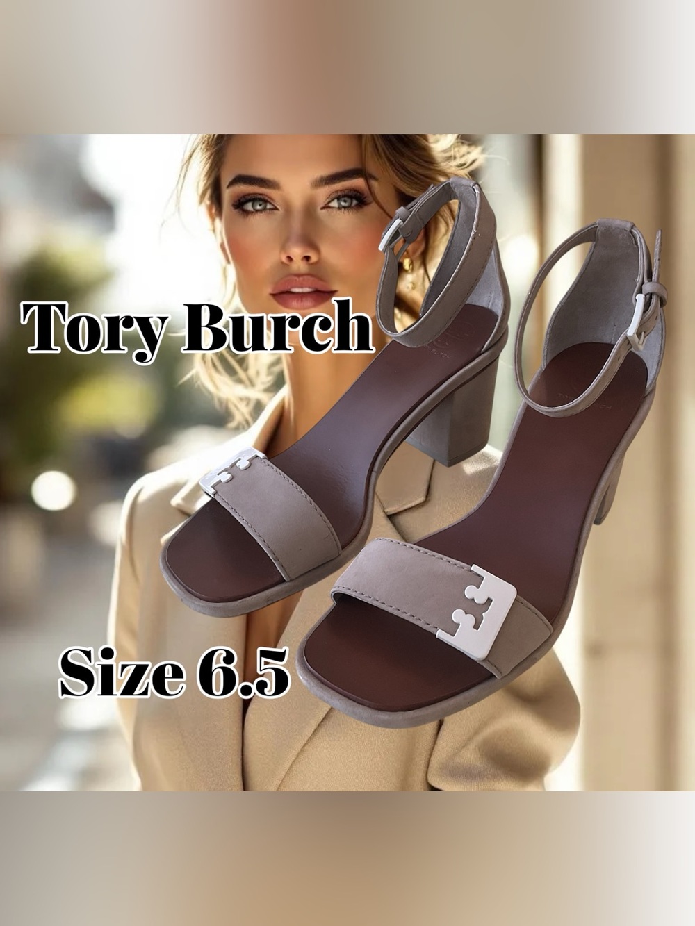 Tory Burch Taupe Ankle-Strap Block Heel Sandals